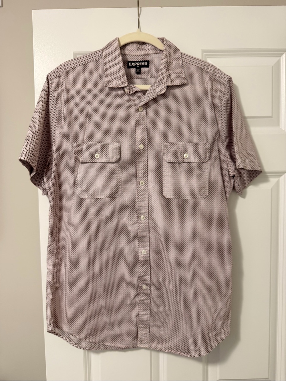 Express Men's Short Sleeve Button-Up Shirt - Light Maroon Dot Print